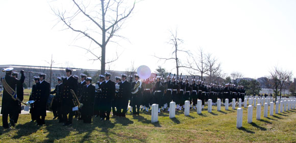 Navy Band on route march, Pentagon in the background