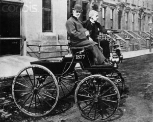 Selden Road Engine, with auto pioneer George Selden and Henry Ford at the wheel, 1895. Photo Bettman/Corbis.