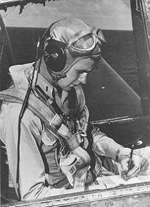 Former President and one-time youngest Naval Aviator George H.W. Bush in the seat of his Avenger Torpedo Plane in the Pacific. Seat formed at the Samson Corp, Rochester, NY. Photo USN.