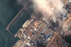 Satellite image of the Fukushima reactor complex. “East,” toward the Pacific is actually oriented toward the top of the image. Photo by DigitalGlobe via Getty Images