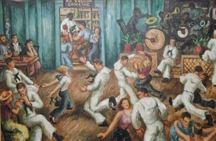 Interior of Sloppy Joe’s, circa Papa’s time. Painting by Waldo Pierce, all rights reserved.