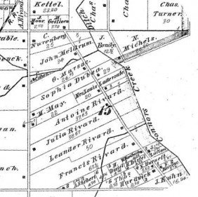 Angled lots along the Detroit river in the old French city. Map courtesy Michigan Historical Society.